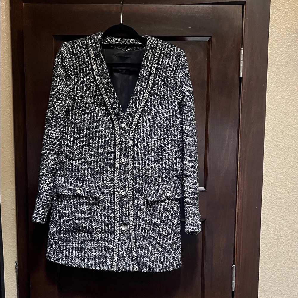 Classic Black & White Tweed Coatigan - Women's Jacket